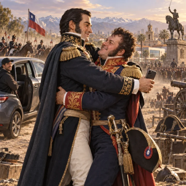 Ilustración de dos hombres con uniformes históricos que se abrazan y se toman una selfie.