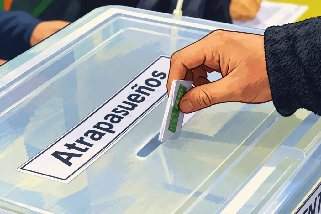 Mano deposita un sobre en una urna transparente con el cartel «Atrapasueños».