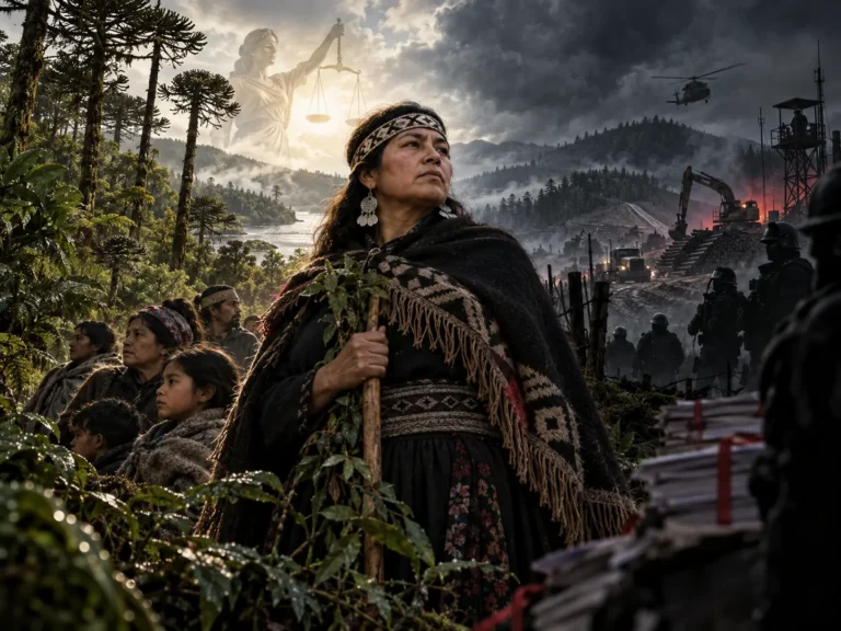 Ilustración de una mujer mapuche con bastón frente a maquinaria y personal armado, con una gran figura de la justicia al fondo.
