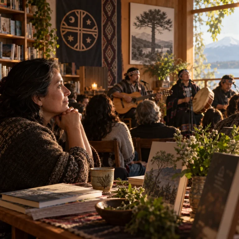 Mujer observa una presentación musical en una librería con libros sobre la mesa.
