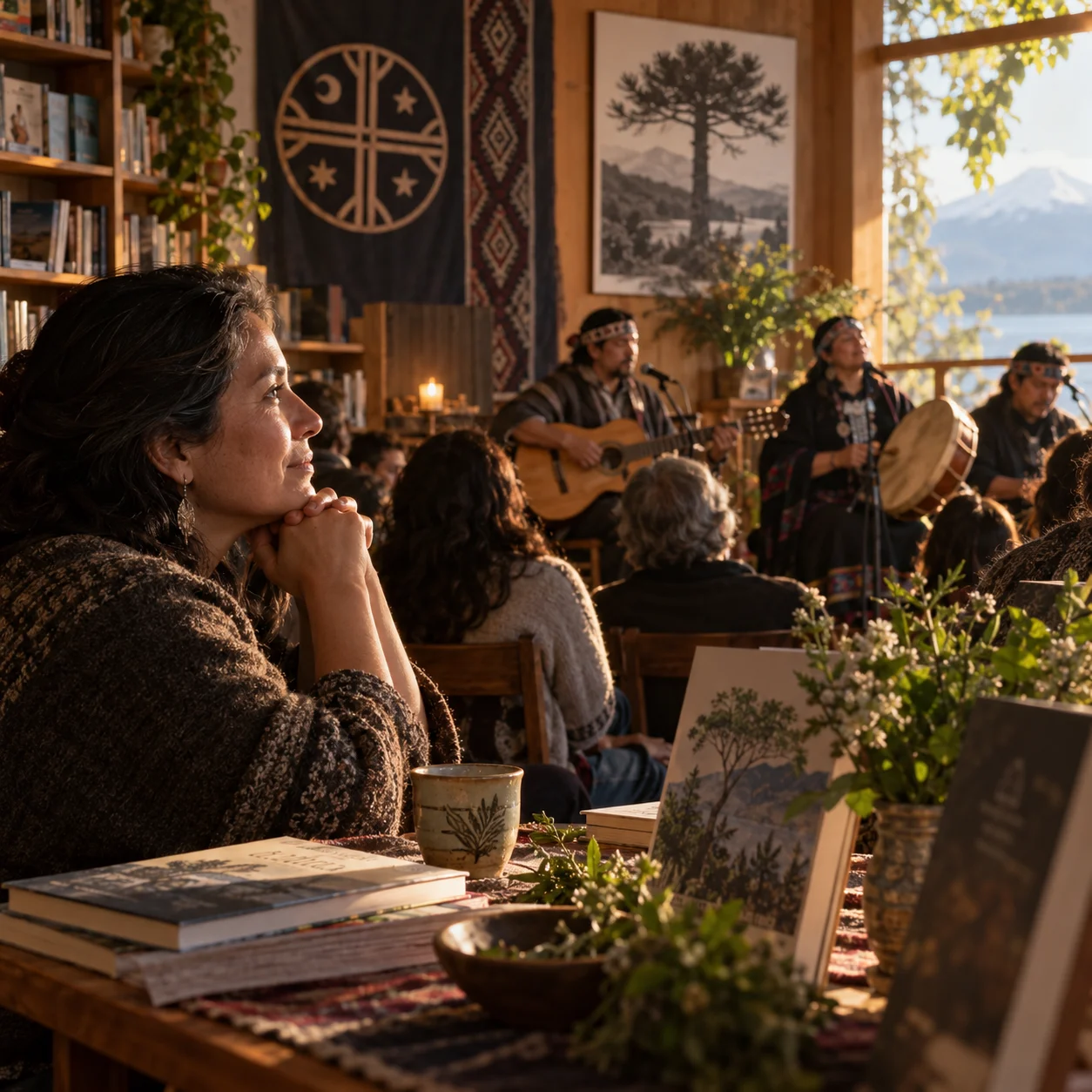 Mujer observa una presentación musical en una librería con libros sobre la mesa.