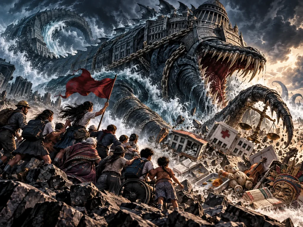 Ilustración de un leviatán colosal encadenado a un edificio público que emerge del mar frente a una multitud en resistencia.
