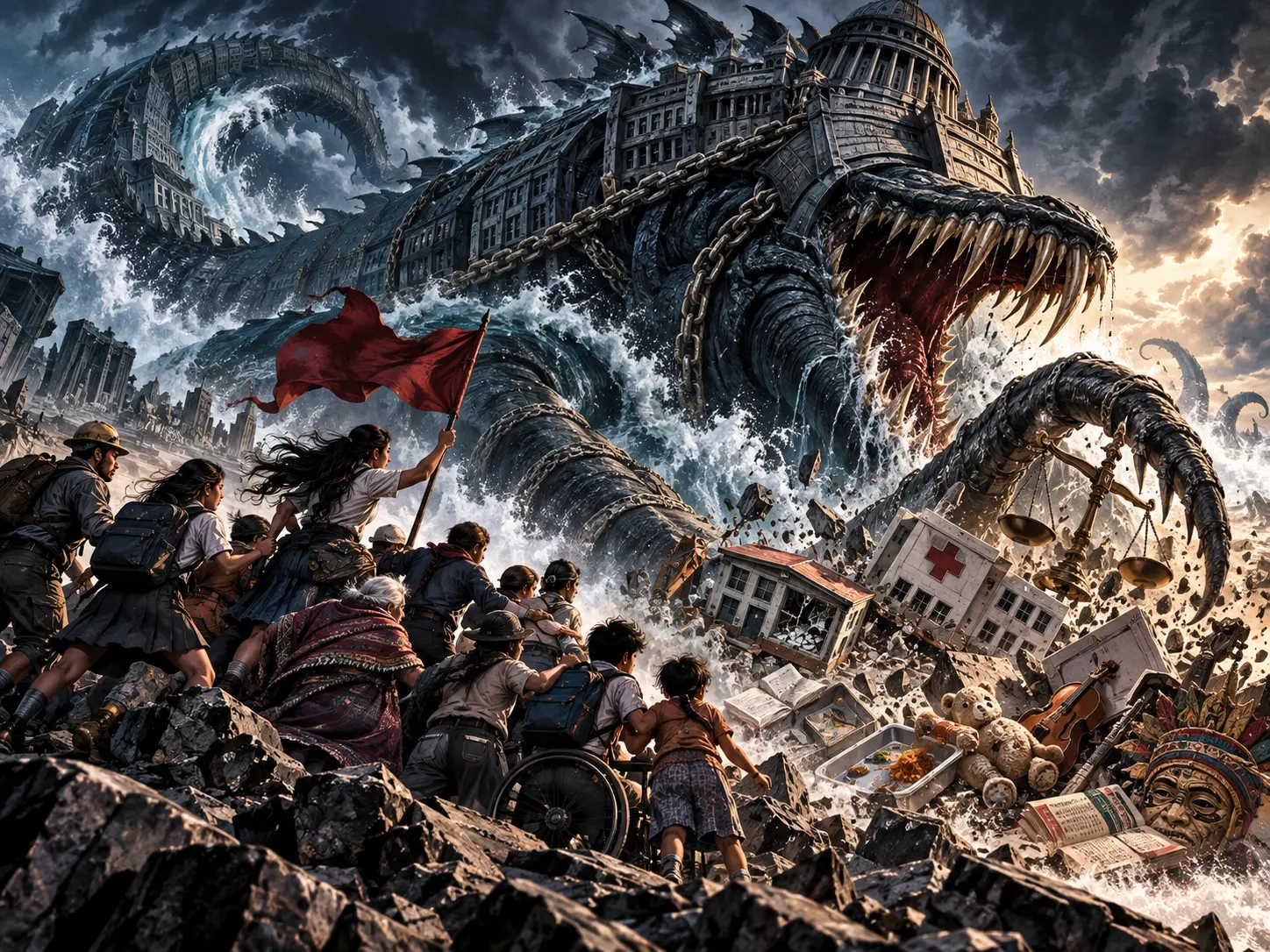 Ilustración de un leviatán colosal encadenado a un edificio público que emerge del mar frente a una multitud en resistencia.