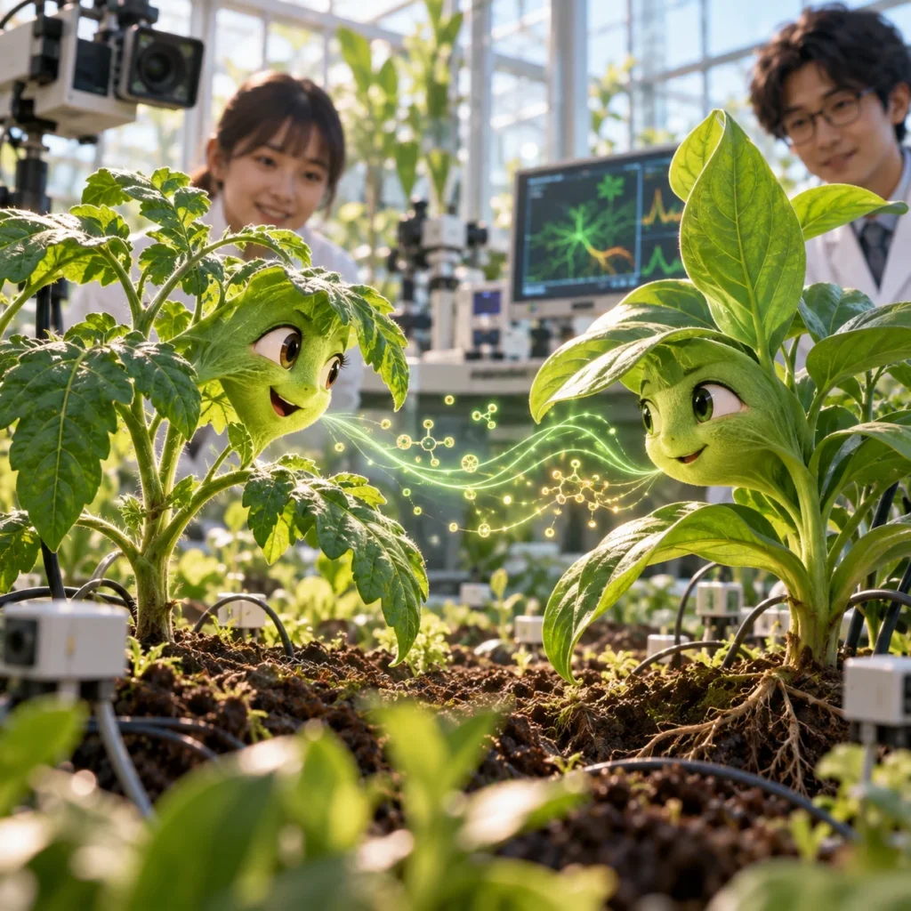 Ilustración de dos plantas con rostros que parecen conversar en un laboratorio.