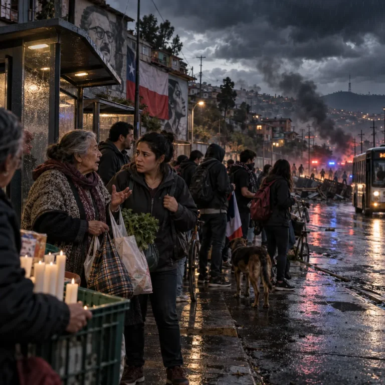 Personas conversan en una calle mojada mientras se ve humo y luces al fondo.