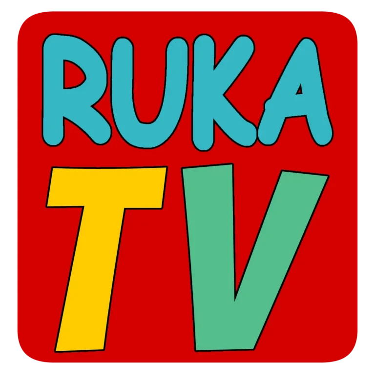 Logotipo de Ruka TV: placa roja redondeada con «RUKA» en celeste y «TV» en amarillo y verde.