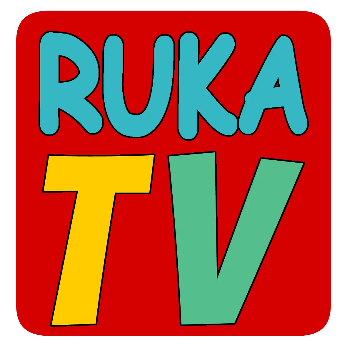 Logotipo de Ruka TV: placa roja redondeada con «RUKA» en celeste y «TV» en amarillo y verde.